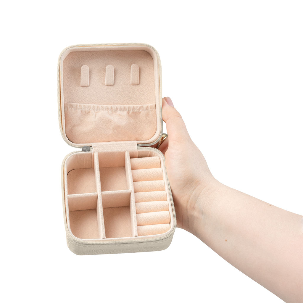 Travel Jewelry Case — Compact Rose Gold Jewelry Organizer with Ring Slots & Compartments