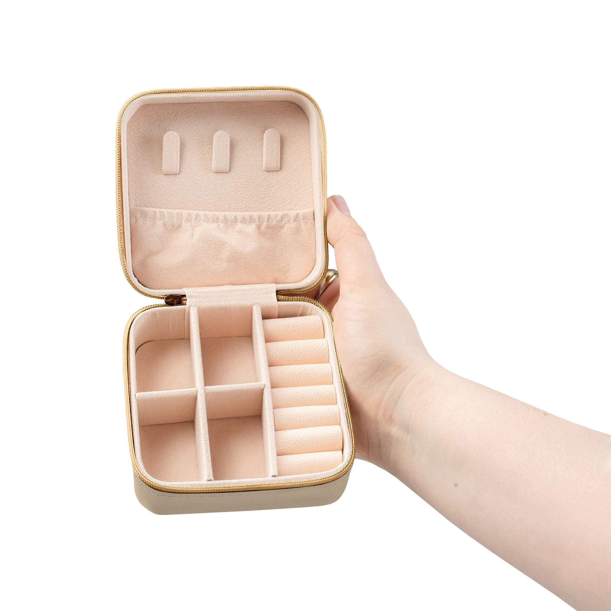 Travel Jewelry Case — Compact Rose Gold Jewelry Organizer with Ring Slots & Compartments