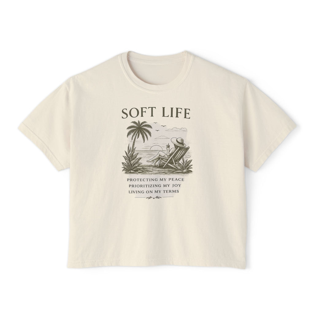 Soft Life Women's Boxy Tee — Relaxed Beach Vibes Graphic Tee