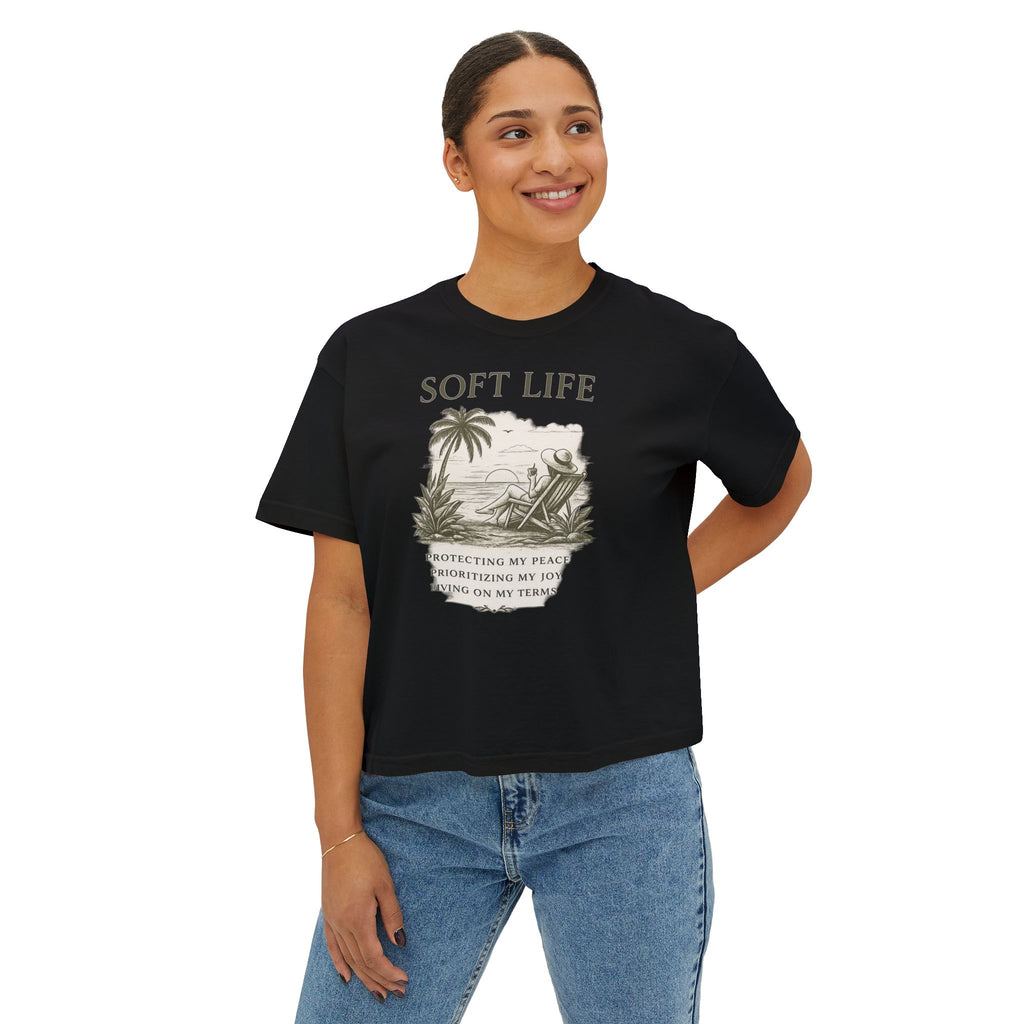 Soft Life Women's Boxy Tee — Relaxed Beach Vibes Graphic Tee